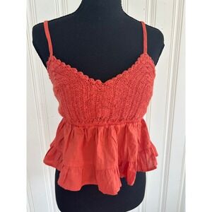 RSQ M Rust Crochet Ruffle Cropped Top Smock Boho Hippie Earth Festival Cottage